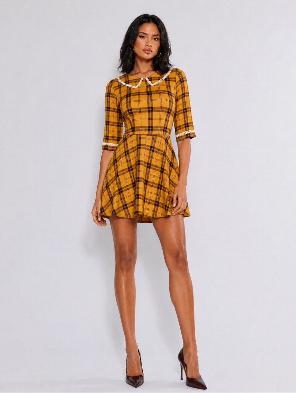 Voodoo Vixen Mustard Plaid Peter Pan Collar Dress 100% Cotton Fit & Flare Size S